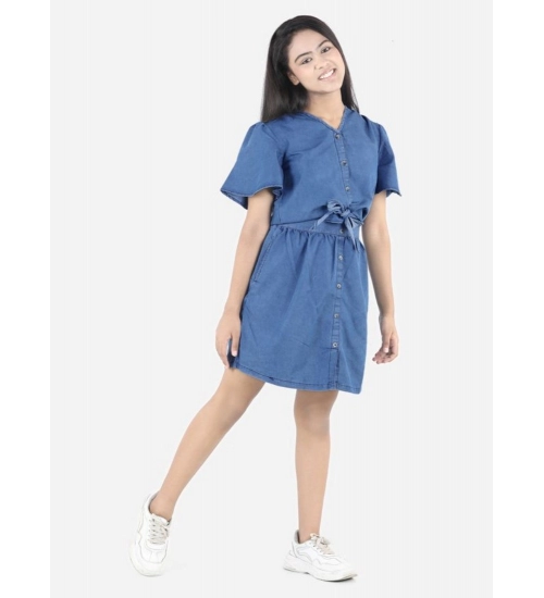 Generic Girl's Denim Solid Short Sleeve V-Neck Dress (Blue)