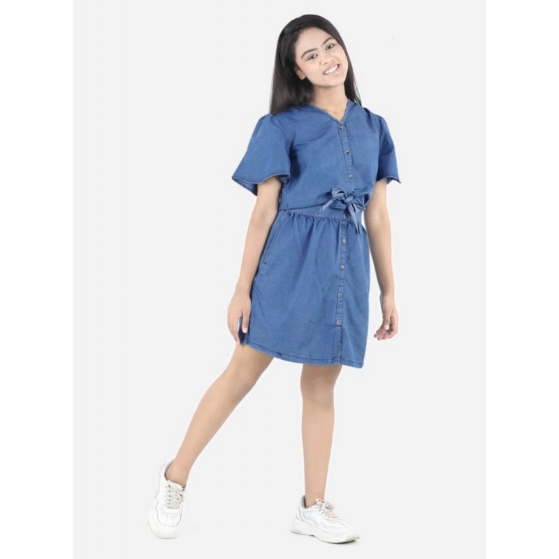 Girl's Denim Solid Short Sleeve V-Neck Dress (Blue)