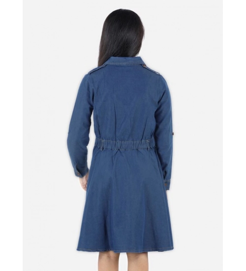 Generic Girl's Denim Solid Long Sleeve Shirt collar Dress (Blue)