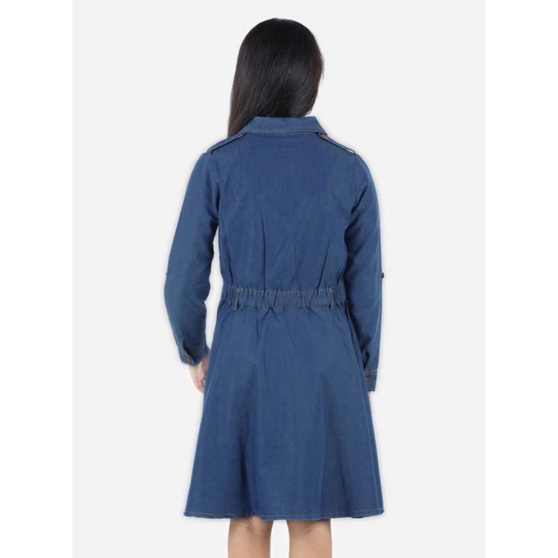 Girl's Denim Solid Long Sleeve Shirt collar Dress (Blue) Girl's Denim Solid Long Sleeve Shirt collar Dress (Blue)