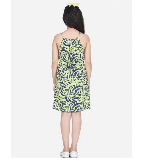 Generic Girl's Polyester Floral Printed Short Sleeve Round Neck Dress (Blue-Yellow)