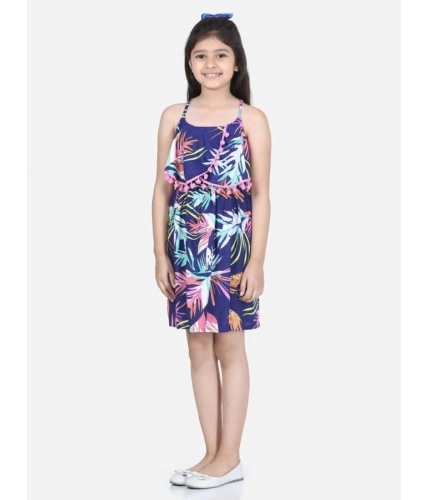 Generic Girl's Rayon Printed Sleeveless Round Neck Dress (Blue)
