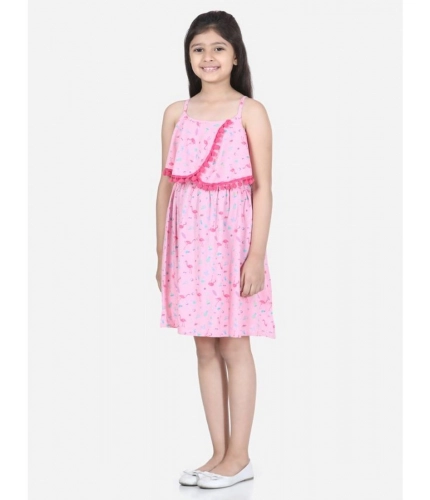 Generic Girl's Rayon Printed Sleeveless Round Neck Dress (Pink)