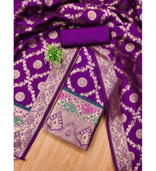 Generic Women's Banarasi Silk Printed Unstitched Salwar Suit Material With Dupatta (Purple, 3Mtrs)