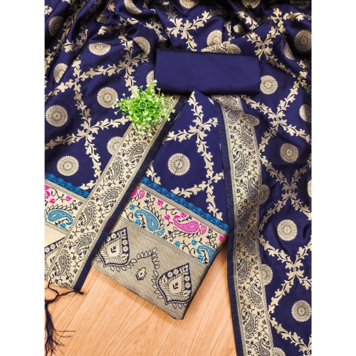 Women's Banarasi Silk Printed Unstitched Salwar Suit Material With Dupatta (Navy Blue, 3Mtrs) Women's Banarasi Silk Printed Unstitched Salwar Suit Material With Dupatta (Navy Blue, 3Mtrs)