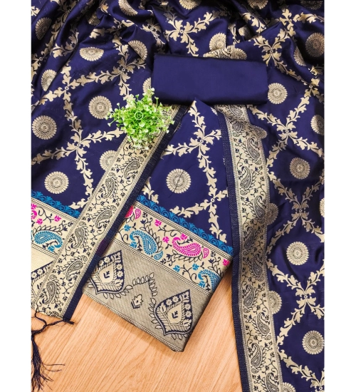 Generic Women's Banarasi Silk Printed Unstitched Salwar Suit Material With Dupatta (Navy Blue, 3Mtrs)