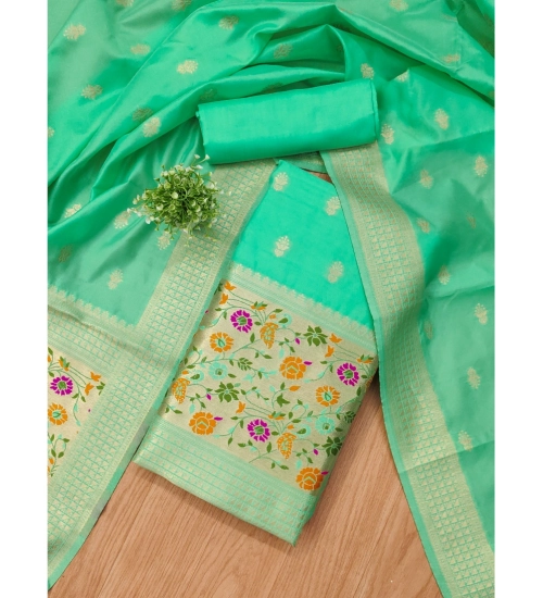 Generic Women's Banarasi Silk Printed Unstitched Salwar Suit Material With Dupatta (Sea Green, 3Mtrs)