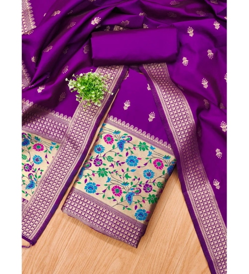 Generic Women's Banarasi Silk Printed Unstitched Salwar Suit Material With Dupatta (Purple, 3Mtrs)