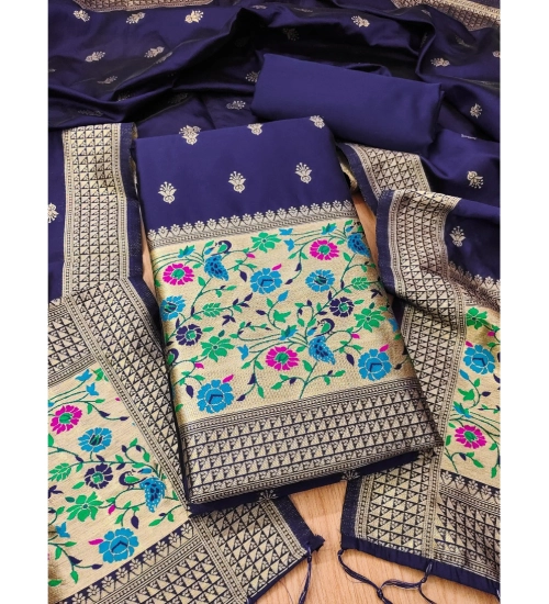 Generic Women's Banarasi Silk Printed Unstitched Salwar Suit Material With Dupatta (Navy Blue, 3Mtrs)