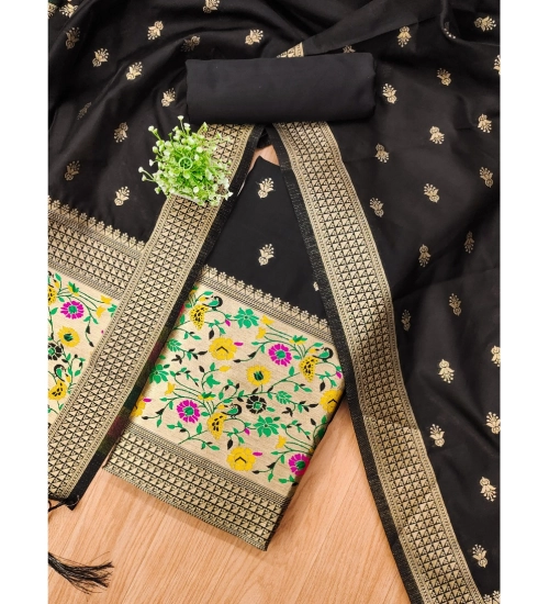 Generic Women's Banarasi Silk Printed Unstitched Salwar Suit Material With Dupatta (Black, 3Mtrs)