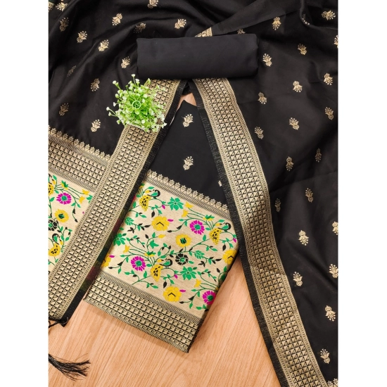 Generic Women's Banarasi Silk Printed Unstitched Salwar Suit Material With Dupatta (Black, 3Mtrs)