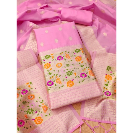 Generic Women's Banarasi Silk Printed Unstitched Salwar Suit Material With Dupatta (Light Pink, 3Mtrs)