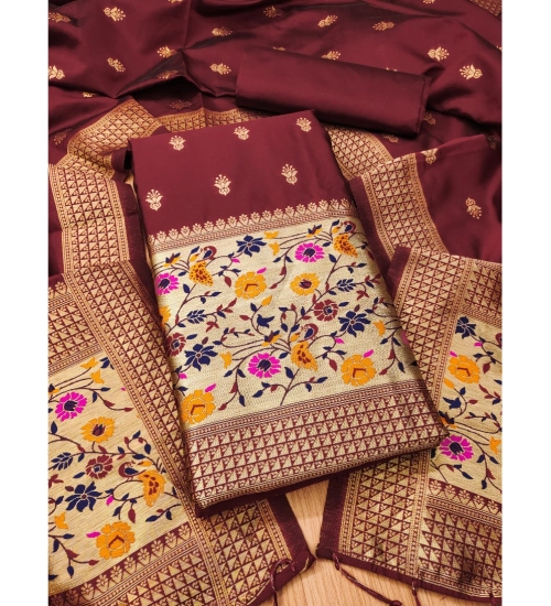 Generic Women's Banarasi Silk Printed Unstitched Salwar Suit Material With Dupatta (Maroon, 3Mtrs)