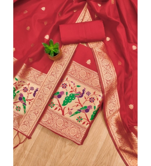 Generic Women's Banarasi Silk Printed Unstitched Salwar Suit Material With Dupatta (Red, 3Mtrs)