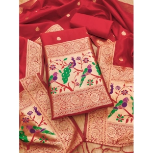 Generic Women's Banarasi Silk Printed Unstitched Salwar Suit Material With Dupatta (Red, 3Mtrs)