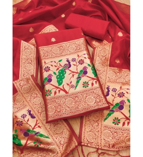 Generic Women's Banarasi Silk Printed Unstitched Salwar Suit Material With Dupatta (Red, 3Mtrs)