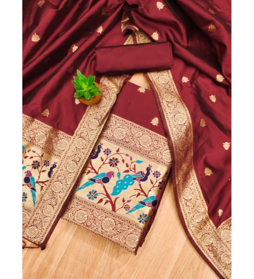 Generic Women's Banarasi Silk Printed Unstitched Salwar Suit Material With Dupatta (Maroon, 3Mtrs)
