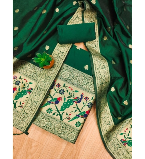 Generic Women's Banarasi Silk Printed Unstitched Salwar Suit Material With Dupatta (Bottle Green, 3Mtrs)