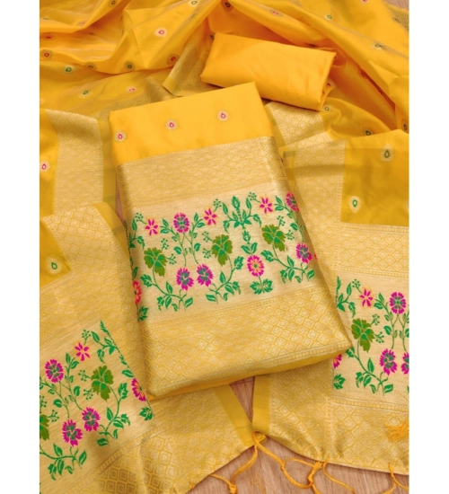 Generic Women's Banarasi Silk Printed Unstitched Salwar Suit Material With Dupatta (Yellow, 3Mtrs)