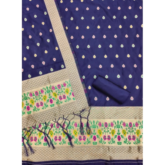 Generic Women's Banarasi Silk Printed Unstitched Salwar Suit Material With Dupatta (Navy Blue, 3Mtrs)