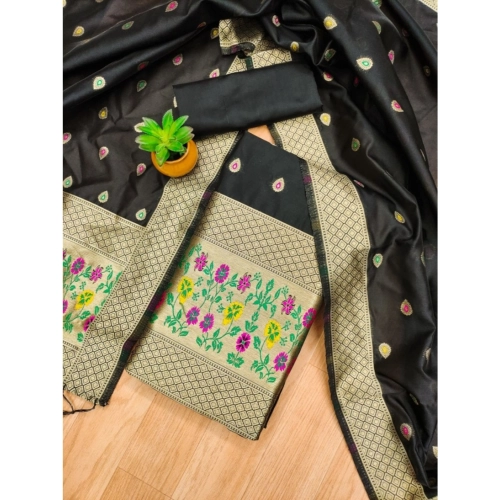 Women's Banarasi Silk Printed Unstitched Salwar Suit Material With Dupatta (Black, 3Mtrs) Women's Banarasi Silk Printed Unstitched Salwar Suit Material With Dupatta (Black, 3Mtrs)