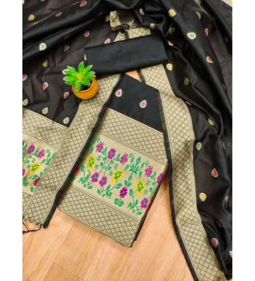 Generic Women's Banarasi Silk Printed Unstitched Salwar Suit Material With Dupatta (Black, 3Mtrs)