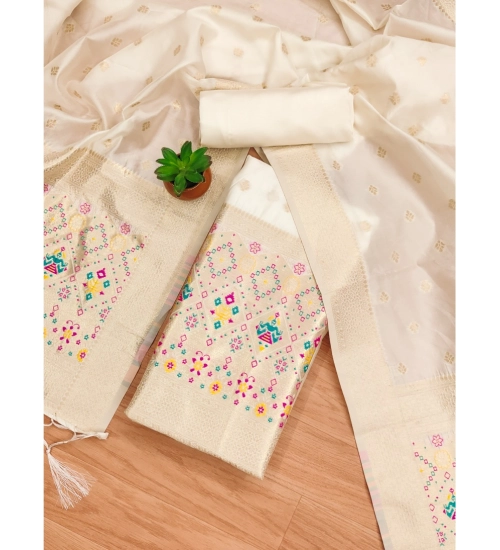 Generic Women's Banarasi Silk Printed Unstitched Salwar Suit Material With Dupatta (White, 3Mtrs)