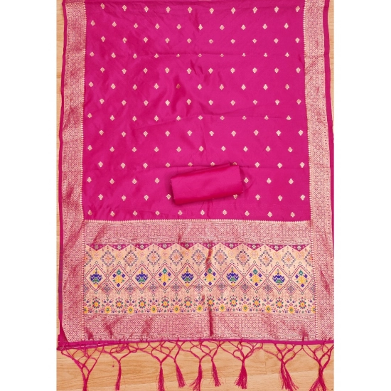 Generic Women's Banarasi Silk Printed Unstitched Salwar Suit Material With Dupatta (Pink, 3Mtrs)