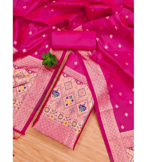 Generic Women's Banarasi Silk Printed Unstitched Salwar Suit Material With Dupatta (Pink, 3Mtrs)
