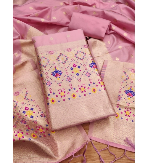 Generic Women's Banarasi Silk Printed Unstitched Salwar Suit Material With Dupatta (Light Pink, 3Mtrs)