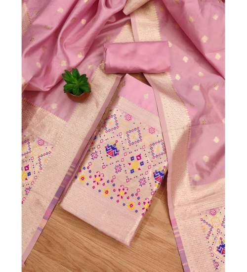 Generic Women's Banarasi Silk Printed Unstitched Salwar Suit Material With Dupatta (Light Pink, 3Mtrs)