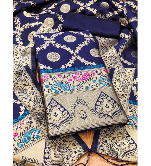 Generic Women's Banarasi Silk Printed Unstitched Salwar Suit Material With Dupatta (Navy Blue, 3Mtrs)