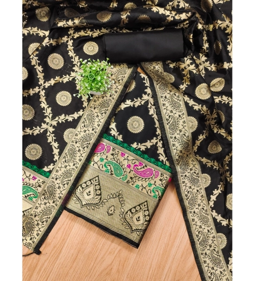 Generic Women's Banarasi Silk Printed Unstitched Salwar Suit Material With Dupatta (Black, 3Mtrs)