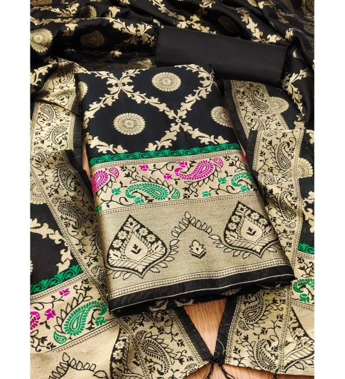 Generic Women's Banarasi Silk Printed Unstitched Salwar Suit Material With Dupatta (Black, 3Mtrs)