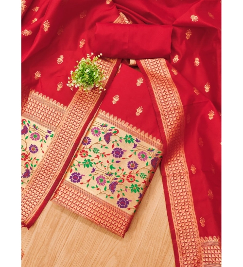 Generic Women's Banarasi Silk Printed Unstitched Salwar Suit Material With Dupatta (Red, 3Mtrs)