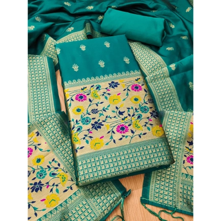 Generic Women's Banarasi Silk Printed Unstitched Salwar Suit Material With Dupatta (Rama, 3Mtrs)