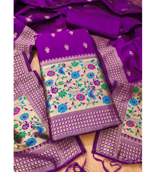Generic Women's Banarasi Silk Printed Unstitched Salwar Suit Material With Dupatta (Purple, 3Mtrs)