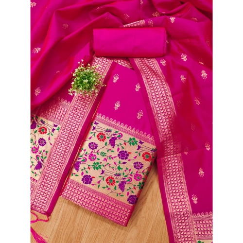 Women's Banarasi Silk Printed Unstitched Salwar Suit Material With Dupatta (Pink, 3Mtrs) Women's Banarasi Silk Printed Unstitched Salwar Suit Material With Dupatta (Pink, 3Mtrs)