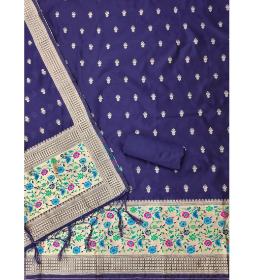 Generic Women's Banarasi Silk Printed Unstitched Salwar Suit Material With Dupatta (Navy Blue, 3Mtrs)