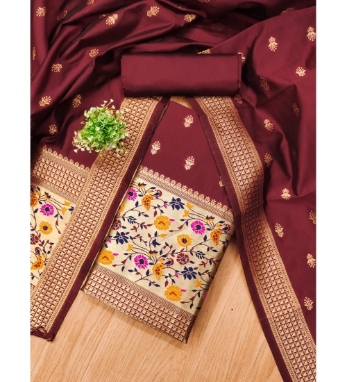 Generic Women's Banarasi Silk Printed Unstitched Salwar Suit Material With Dupatta (Maroon, 3Mtrs)