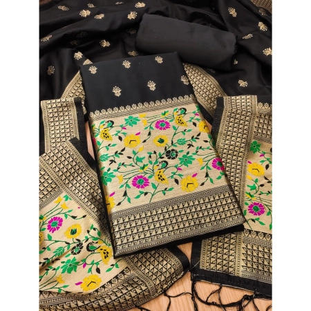 Generic Women's Banarasi Silk Printed Unstitched Salwar Suit Material With Dupatta (Black, 3Mtrs)