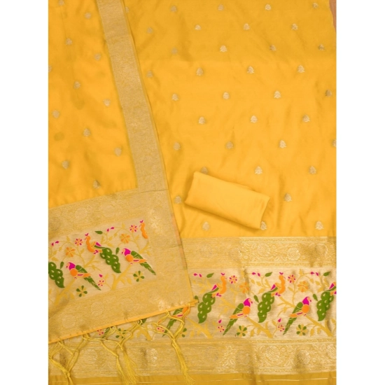 Generic Women's Banarasi Silk Printed Unstitched Salwar Suit Material With Dupatta (Yellow, 3Mtrs)