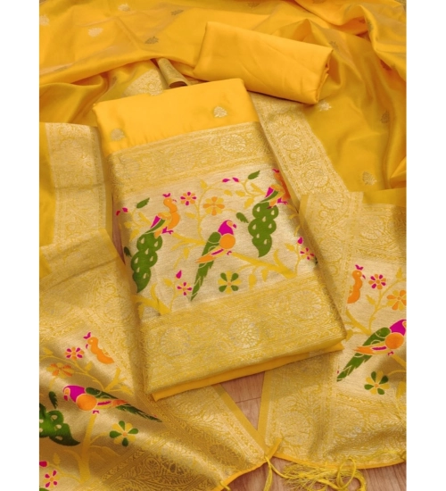 Generic Women's Banarasi Silk Printed Unstitched Salwar Suit Material With Dupatta (Yellow, 3Mtrs)