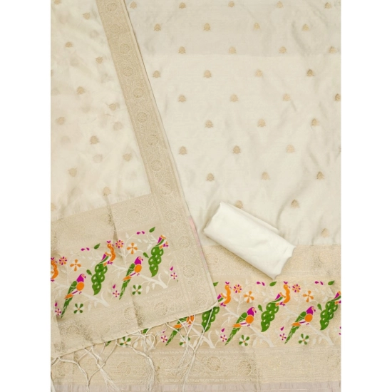 Generic Women's Banarasi Silk Printed Unstitched Salwar Suit Material With Dupatta (White, 3Mtrs)