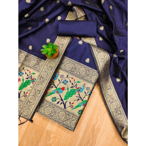 Women's Banarasi Silk Printed Unstitched Salwar Suit Material With Dupatta (Navy Blue, 3Mtrs) Women's Banarasi Silk Printed Unstitched Salwar Suit Material With Dupatta (Navy Blue, 3Mtrs)