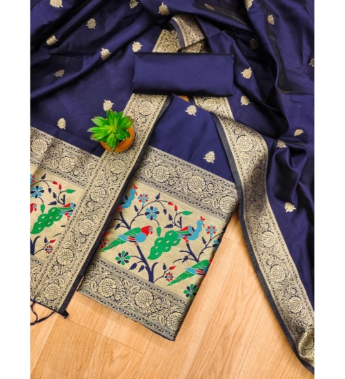 Generic Women's Banarasi Silk Printed Unstitched Salwar Suit Material With Dupatta (Navy Blue, 3Mtrs)
