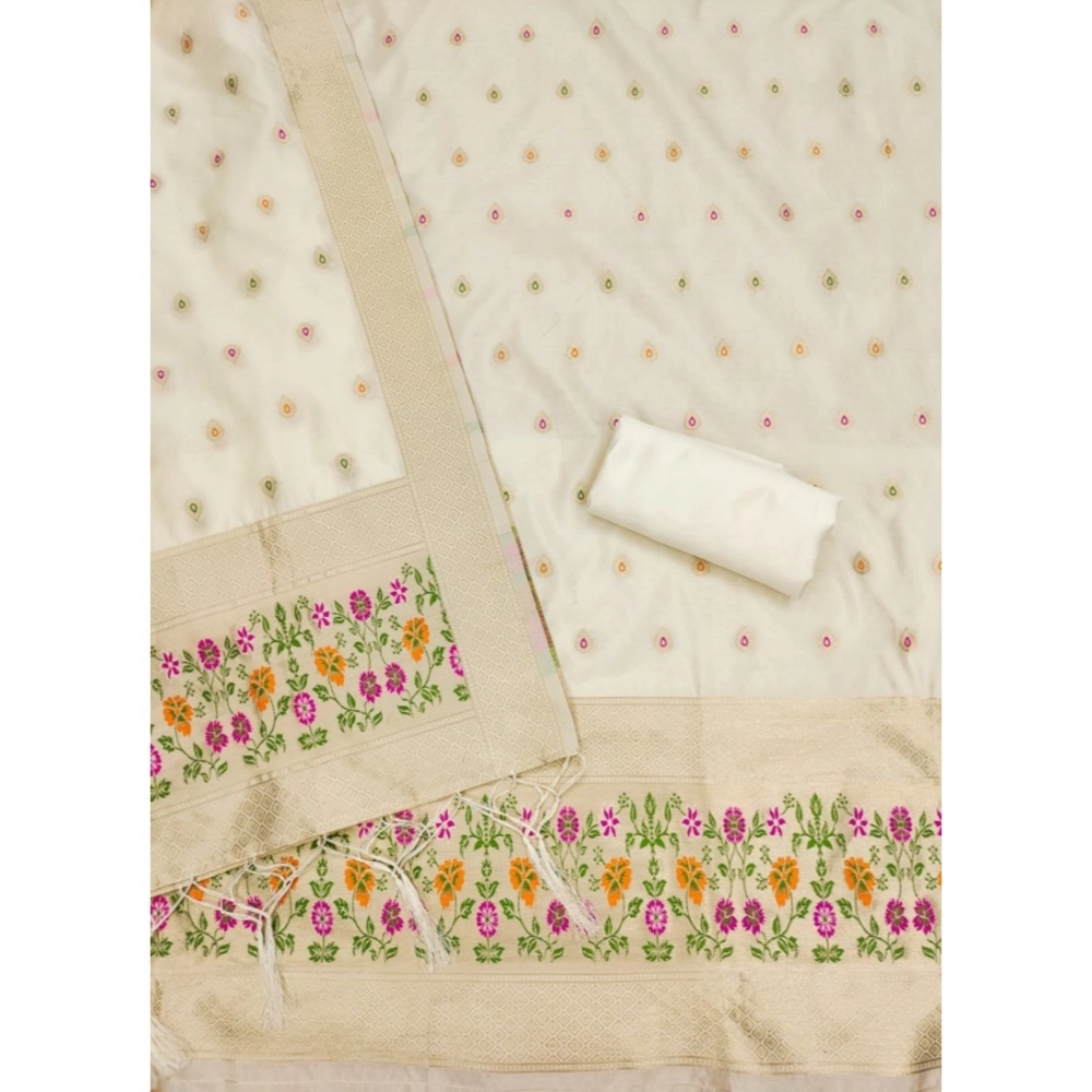 Generic Women's Banarasi Silk Printed Unstitched Salwar Suit Material With Dupatta (White, 3Mtrs) Generic Women's Banarasi Silk Printed Unstitched Salwar Suit Material With Dupatta (White, 3Mtrs)