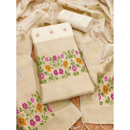 Generic Women's Banarasi Silk Printed Unstitched Salwar Suit Material With Dupatta (White, 3Mtrs)