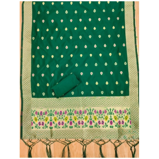 Generic Women's Banarasi Silk Printed Unstitched Salwar Suit Material With Dupatta (Bottle Green, 3Mtrs)