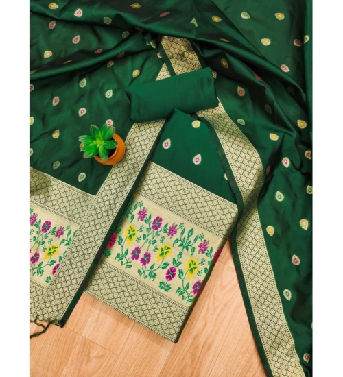 Generic Women's Banarasi Silk Printed Unstitched Salwar Suit Material With Dupatta (Bottle Green, 3Mtrs)